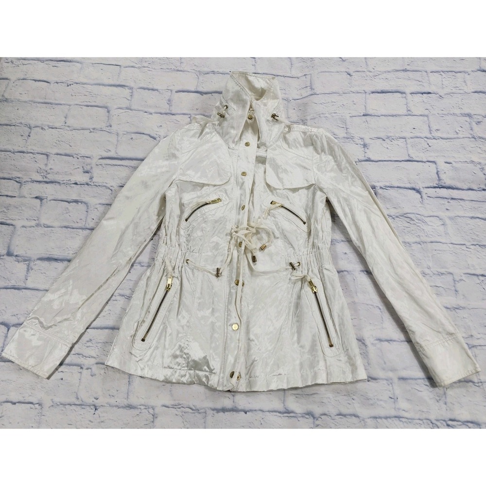 Cache Jacket WOMENS S Ivory Anorak Utility Cinched Waist Mock Neck Zip Pockets